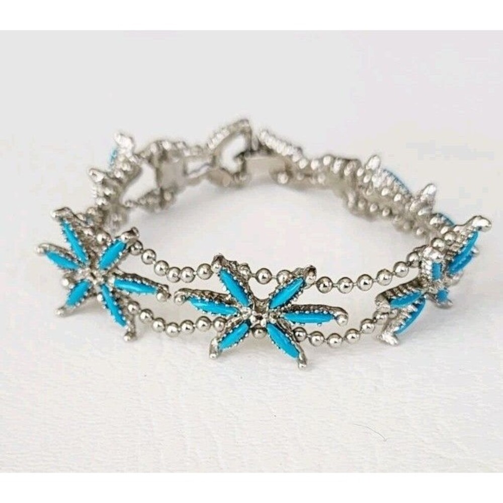 Blue Flower Bracelet Silver Tone Faux Turquoise Needlepoint Southwest VIntage